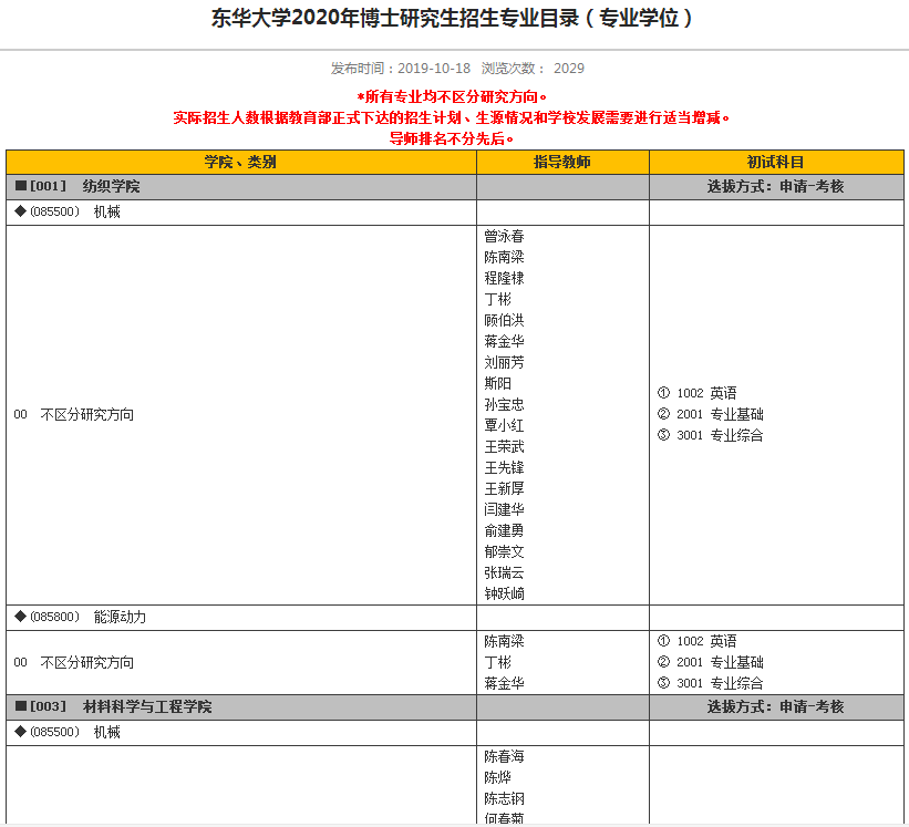 东华大学2020年专业学位博士研究生招生专业目录