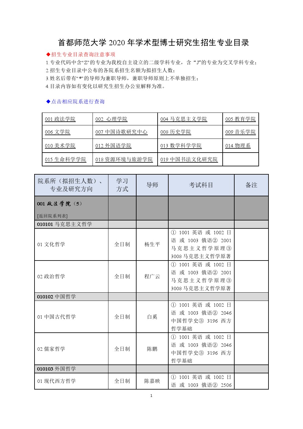 首都师范大学2020年博士研究生招生专业目录