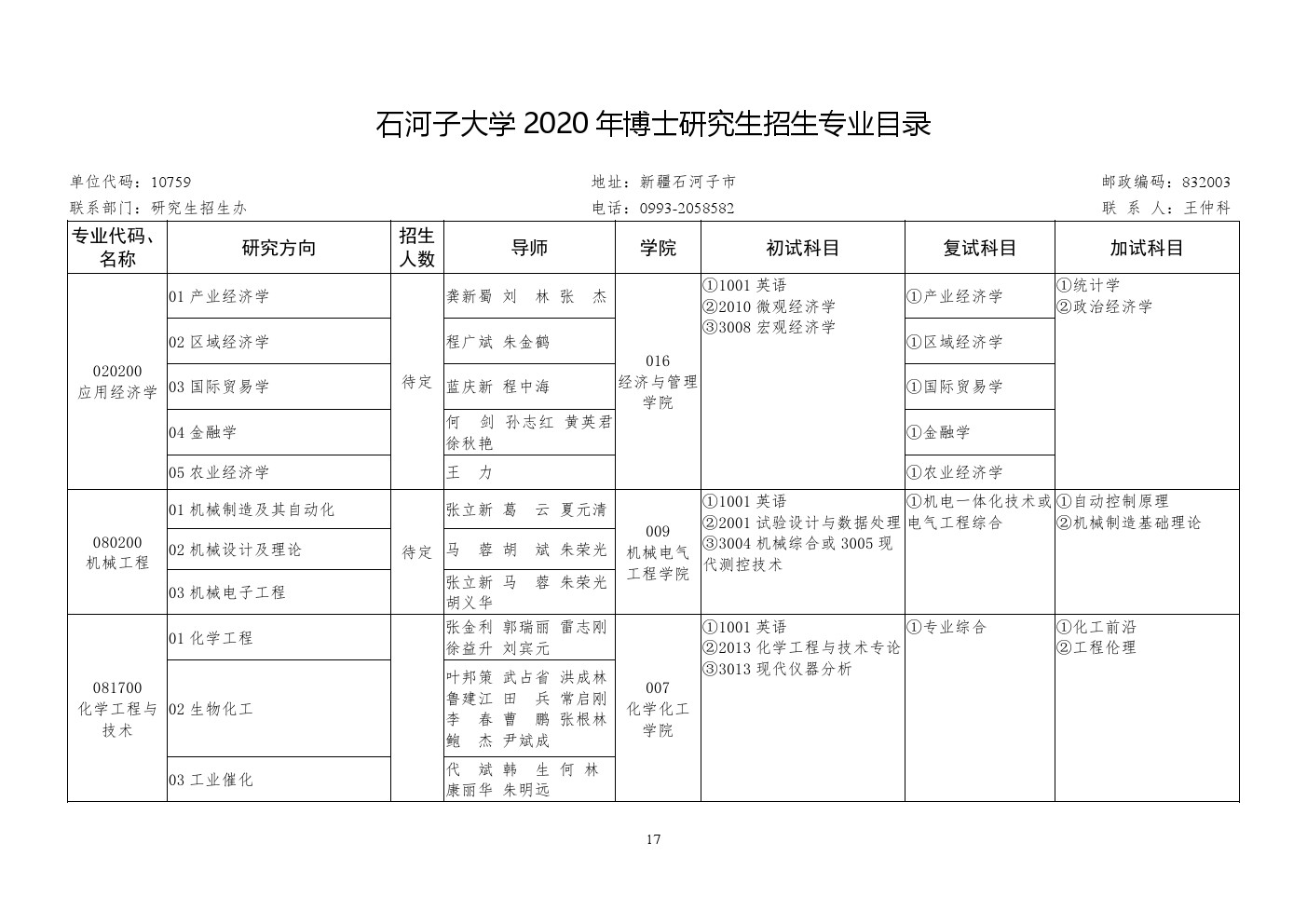 石河子大学2020年博士研究生招生专业目录