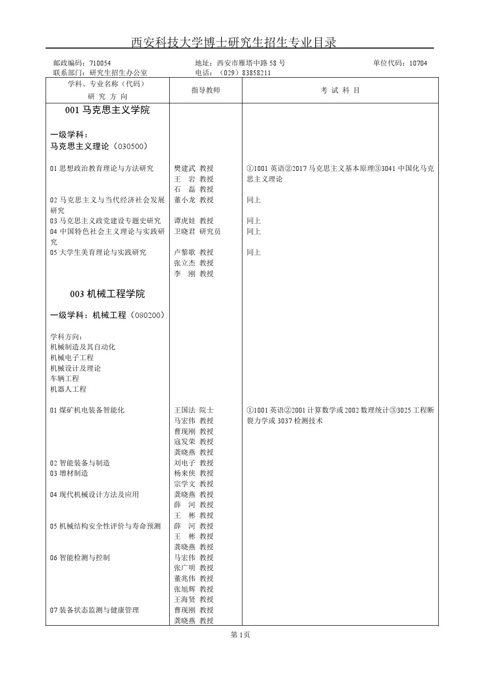 西安科技大学2020年博士研究生招生专业目录