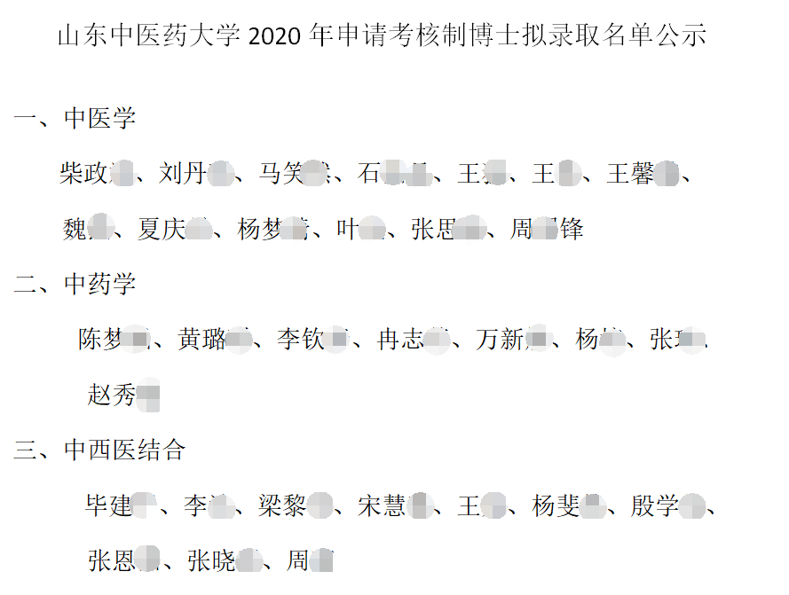 山东中医药大学2020年资格申请制博士研究生招生拟录取名单