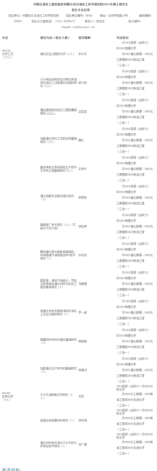 中国石油化工科学研究院2021年博士研究生招生专业目录