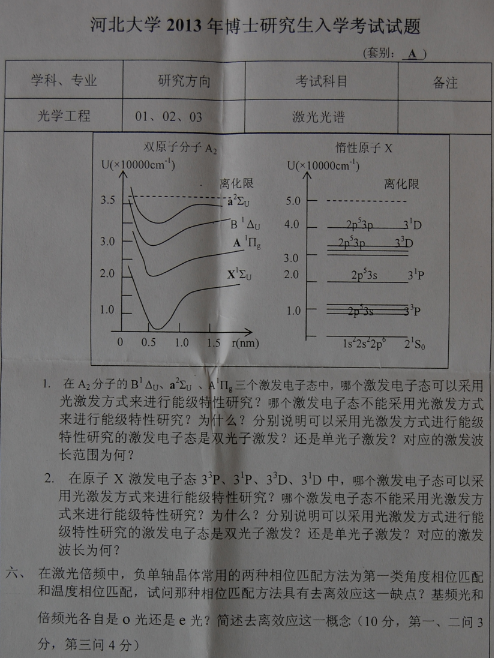 河北大学2013年博士研究生入学考试激光光谱真题